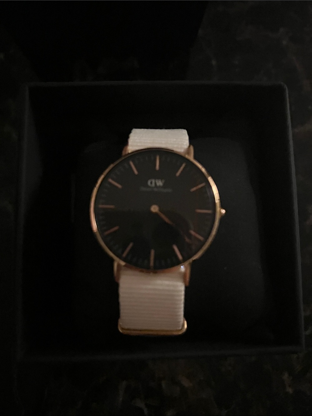 Classic Black Dial Watch with White Nylon Strap